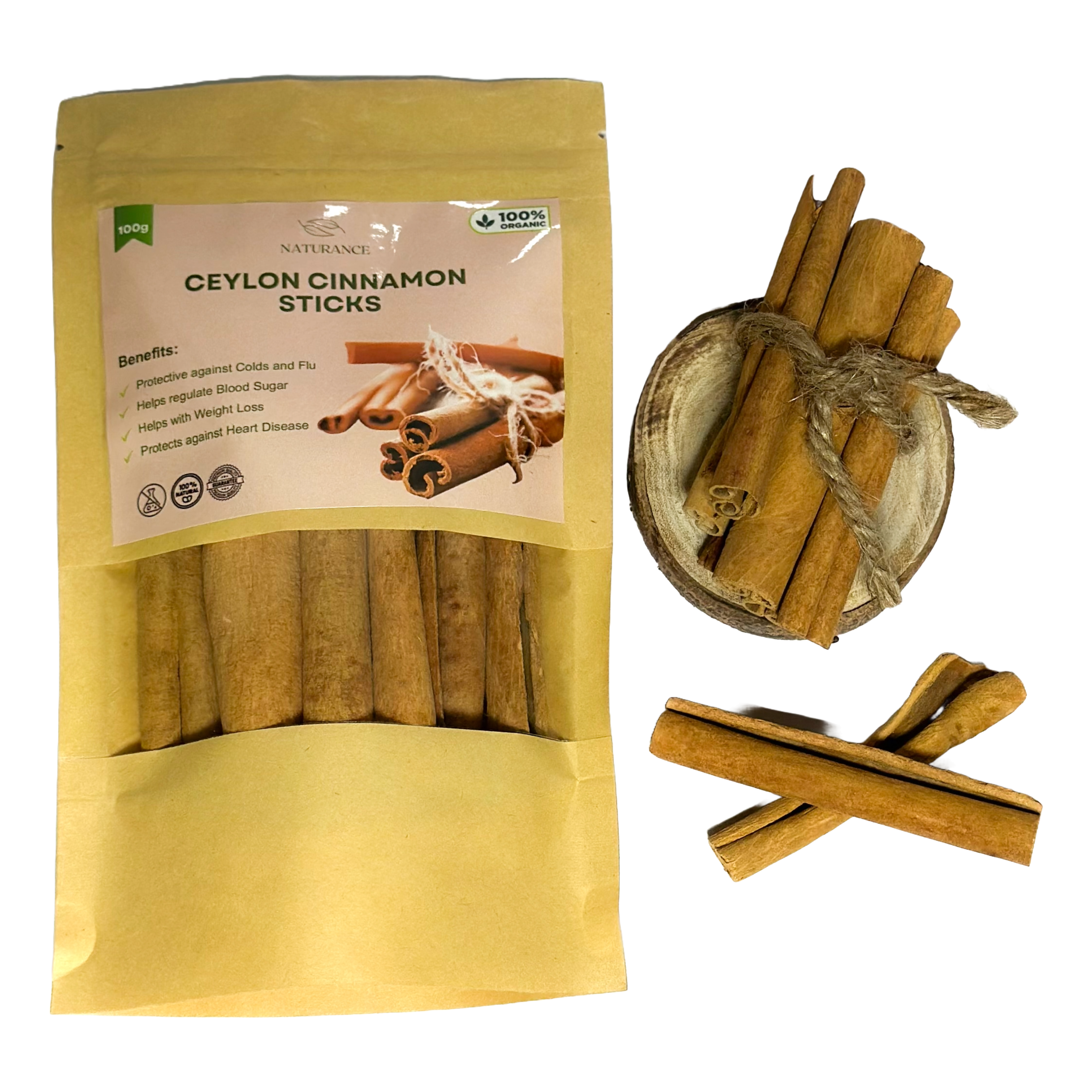 High-quality Ceylon cinnamon sticks in packaging and a bowl, showcasing their natural color and health benefits.